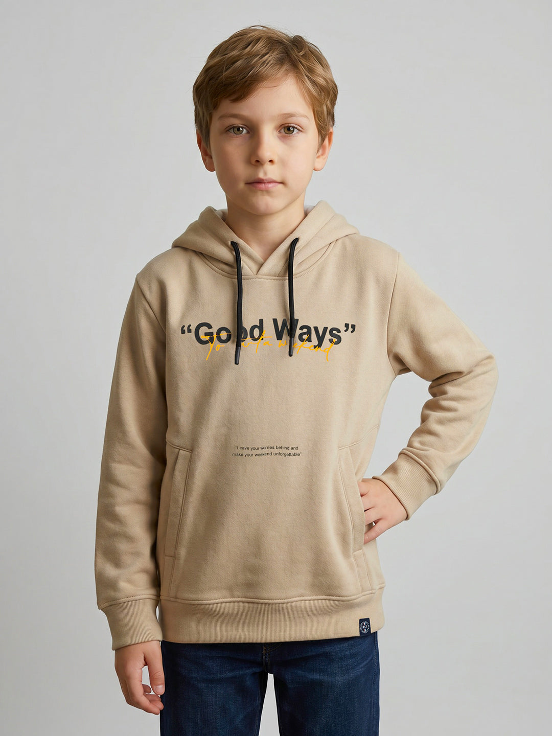 Boys Beige Back Printed Hooded Full Sleeve Sweatshirt