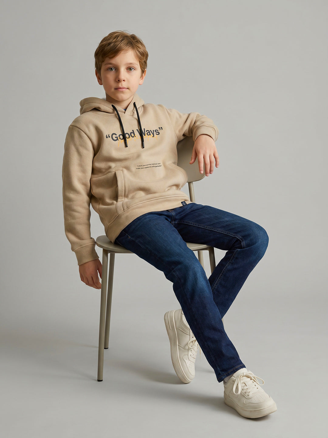 Boys Beige Back Printed Hooded Full Sleeve Sweatshirt