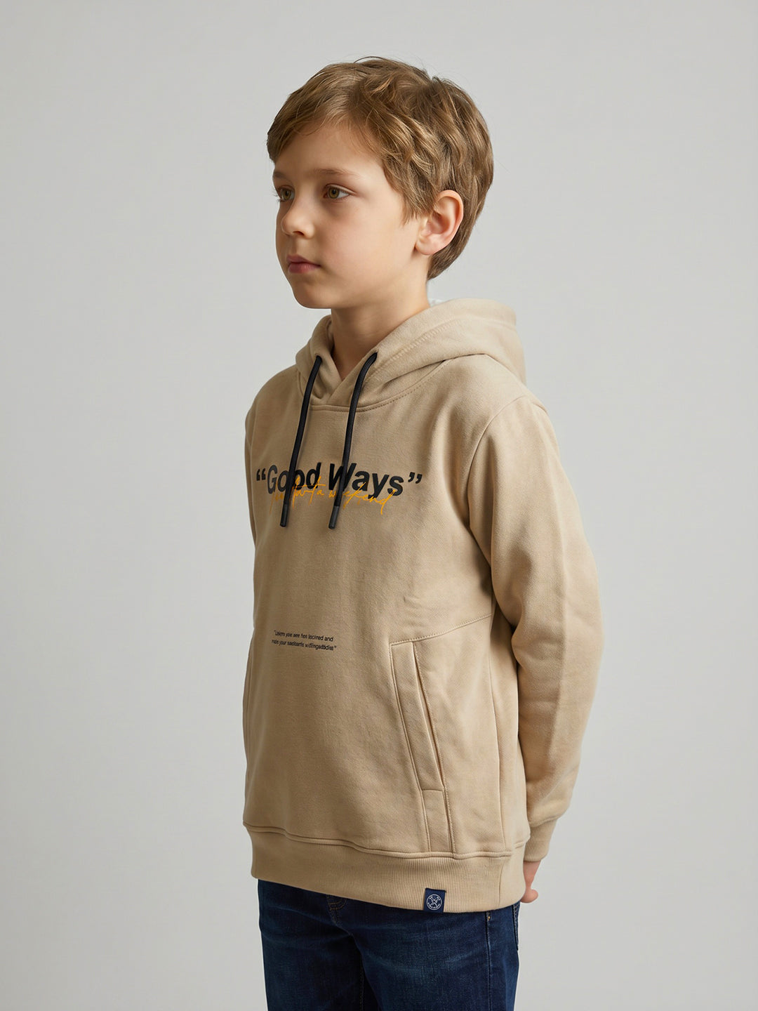 Boys Beige Back Printed Hooded Full Sleeve Sweatshirt