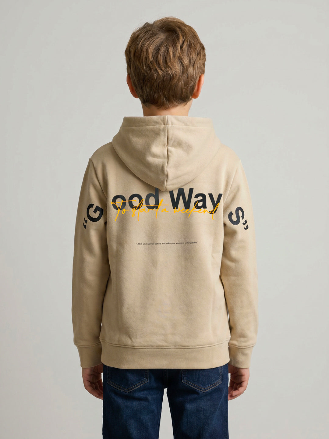 Boys Beige Back Printed Hooded Full Sleeve Sweatshirt
