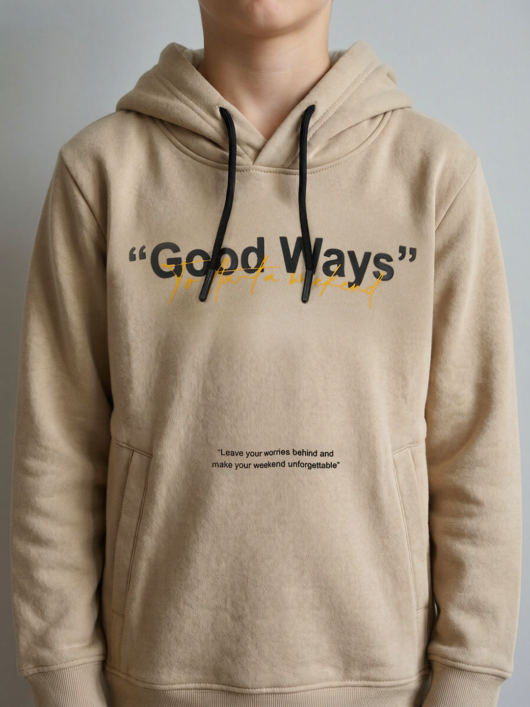 Boys Beige Back Printed Hooded Full Sleeve Sweatshirt