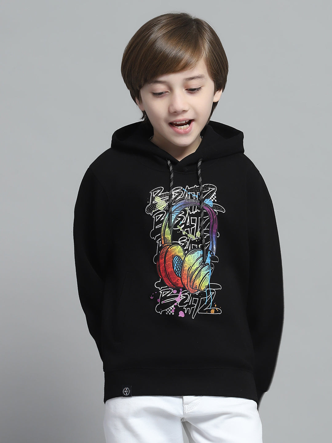 Boys Black Printed Hooded Full Sleeve Sweatshirt