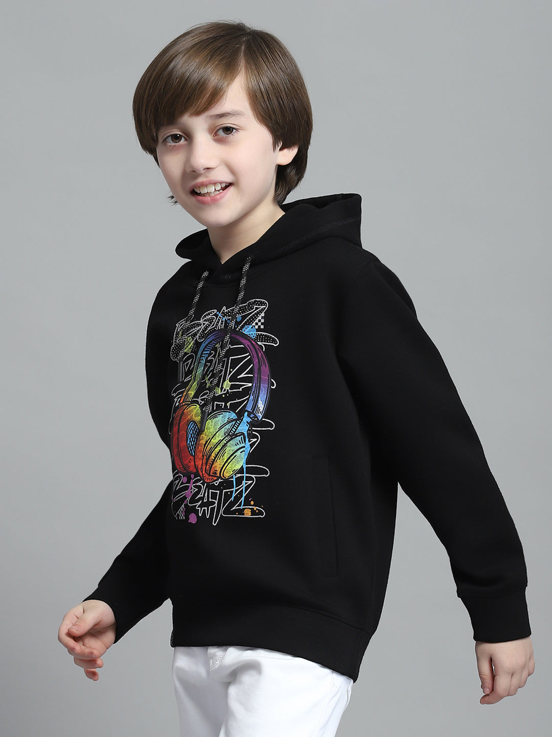 Boys Black Printed Hooded Full Sleeve Sweatshirt