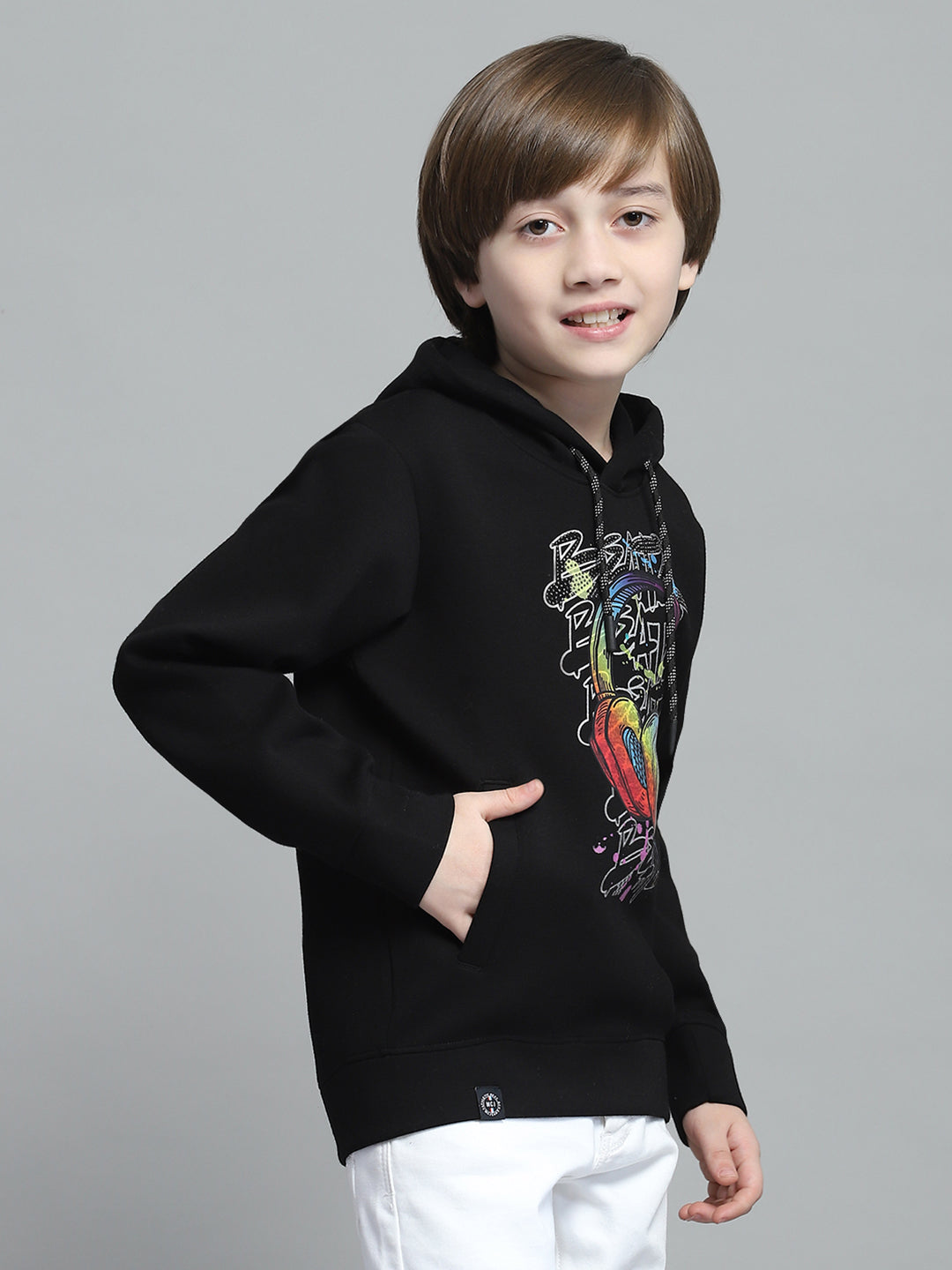 Boys Black Printed Hooded Full Sleeve Sweatshirt