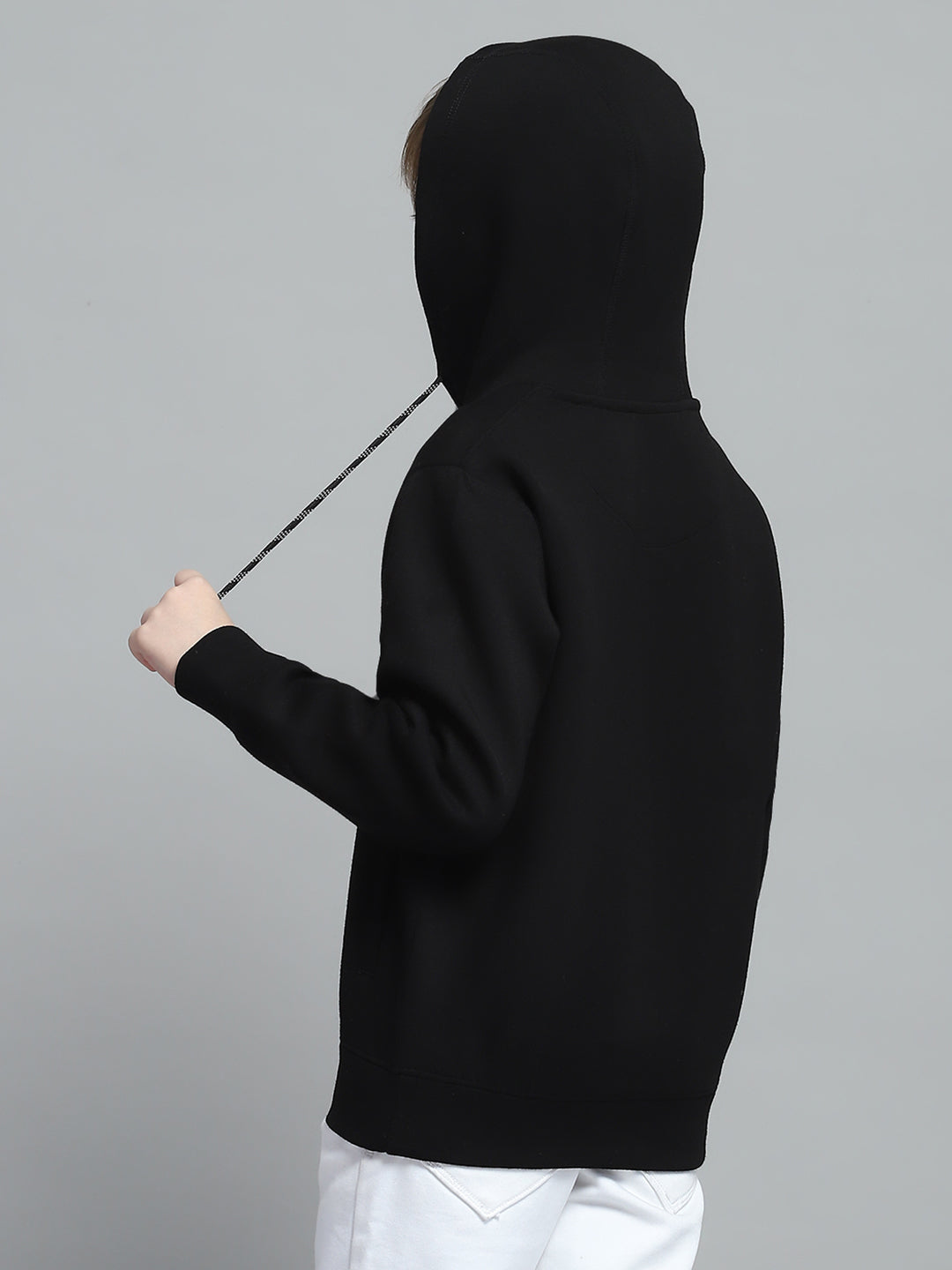 Boys Black Printed Hooded Full Sleeve Sweatshirt