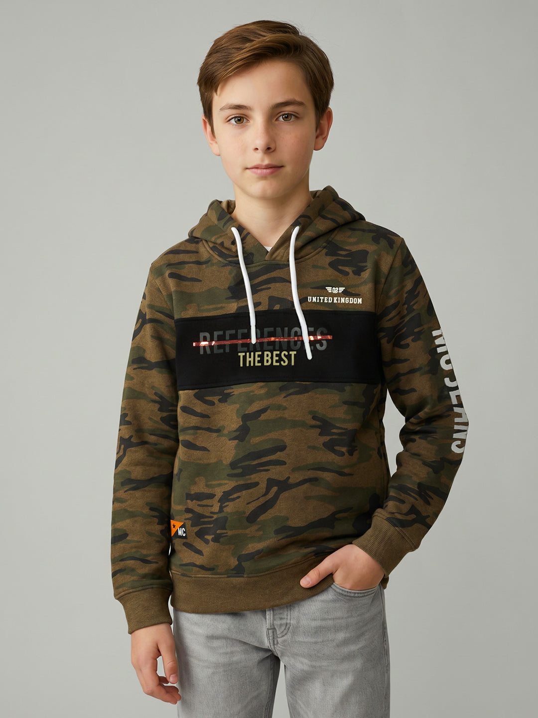 Boys Brown Camouflage Hooded Full Sleeve Sweatshirt