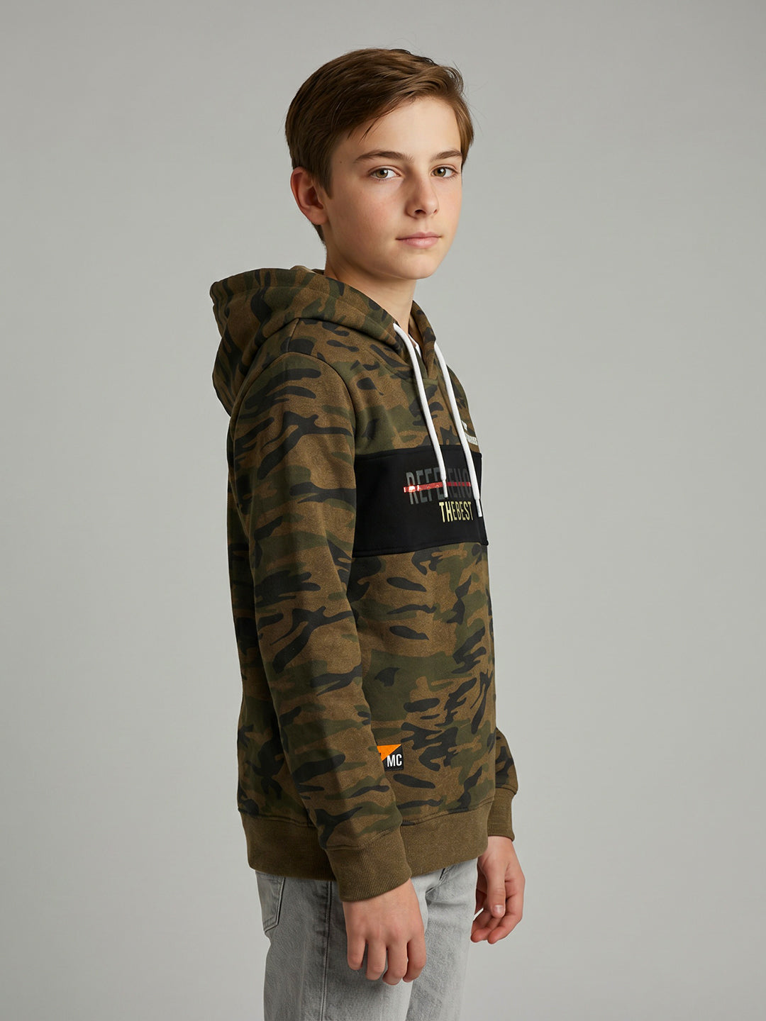 Boys Brown Camouflage Hooded Full Sleeve Sweatshirt