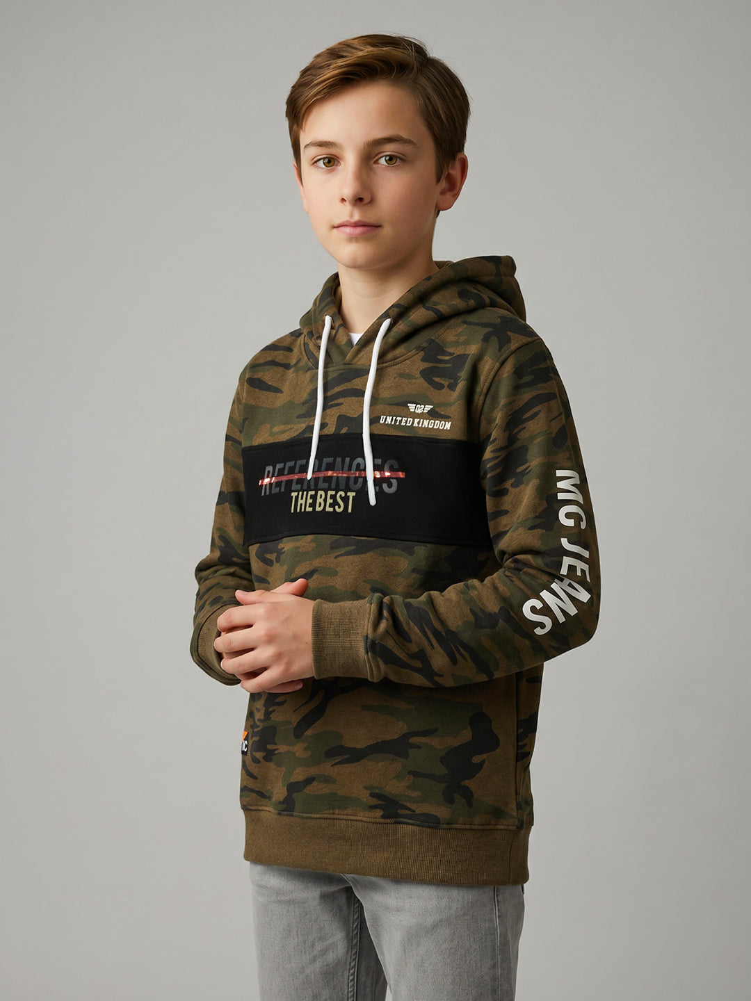Boys Brown Camouflage Hooded Full Sleeve Sweatshirt