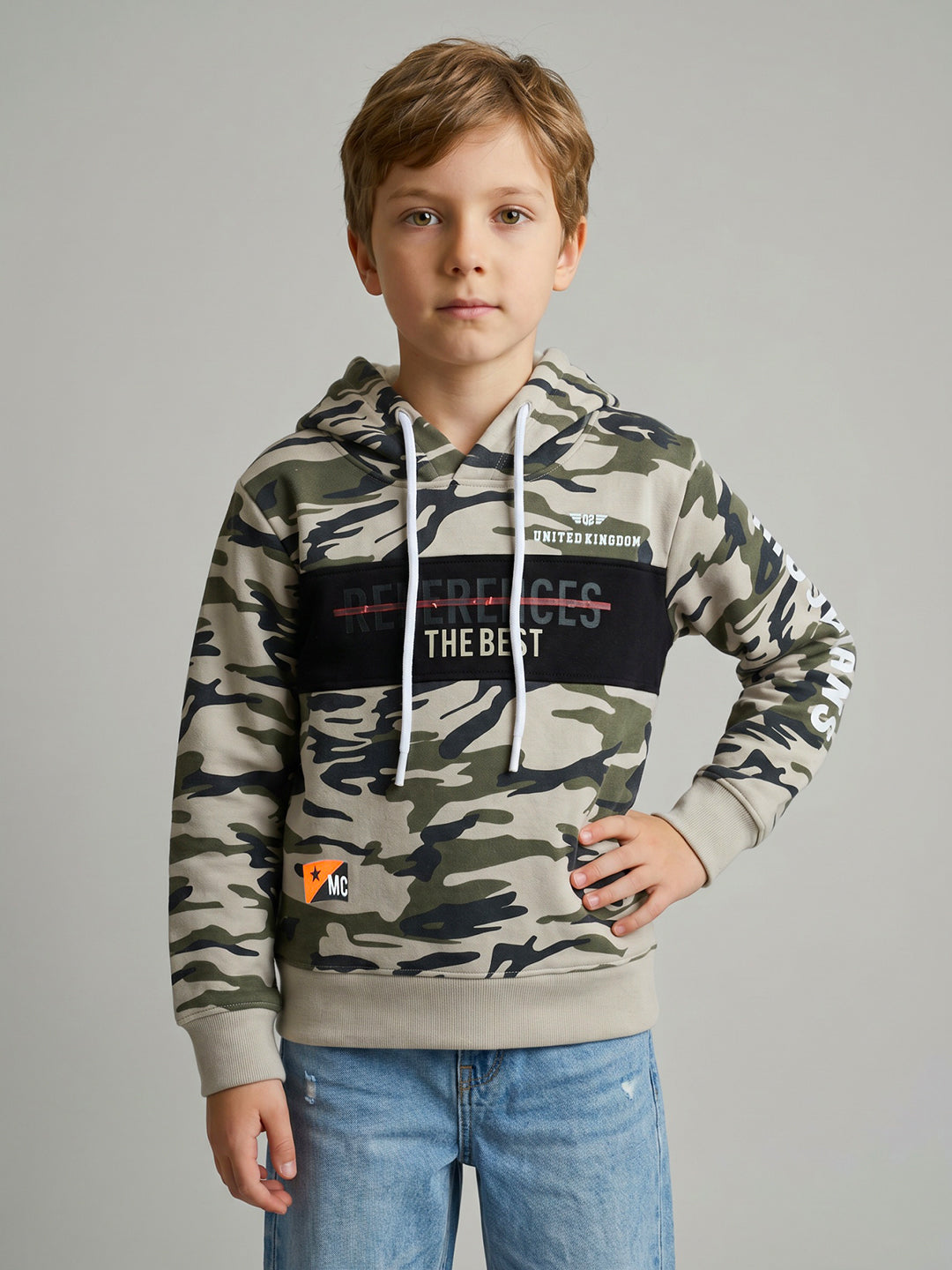 Boys Grey Camouflage Hooded Full Sleeve Sweatshirt