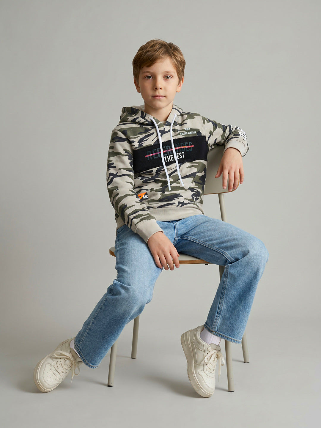 Boys Grey Camouflage Hooded Full Sleeve Sweatshirt