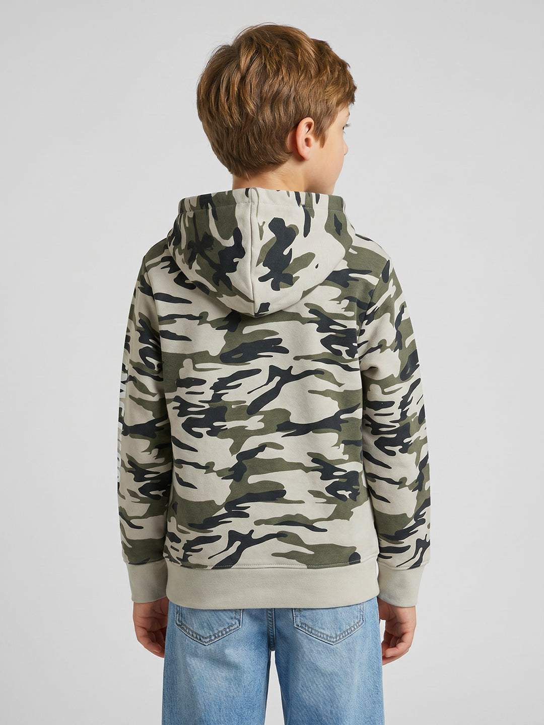 Boys Grey Camouflage Hooded Full Sleeve Sweatshirt
