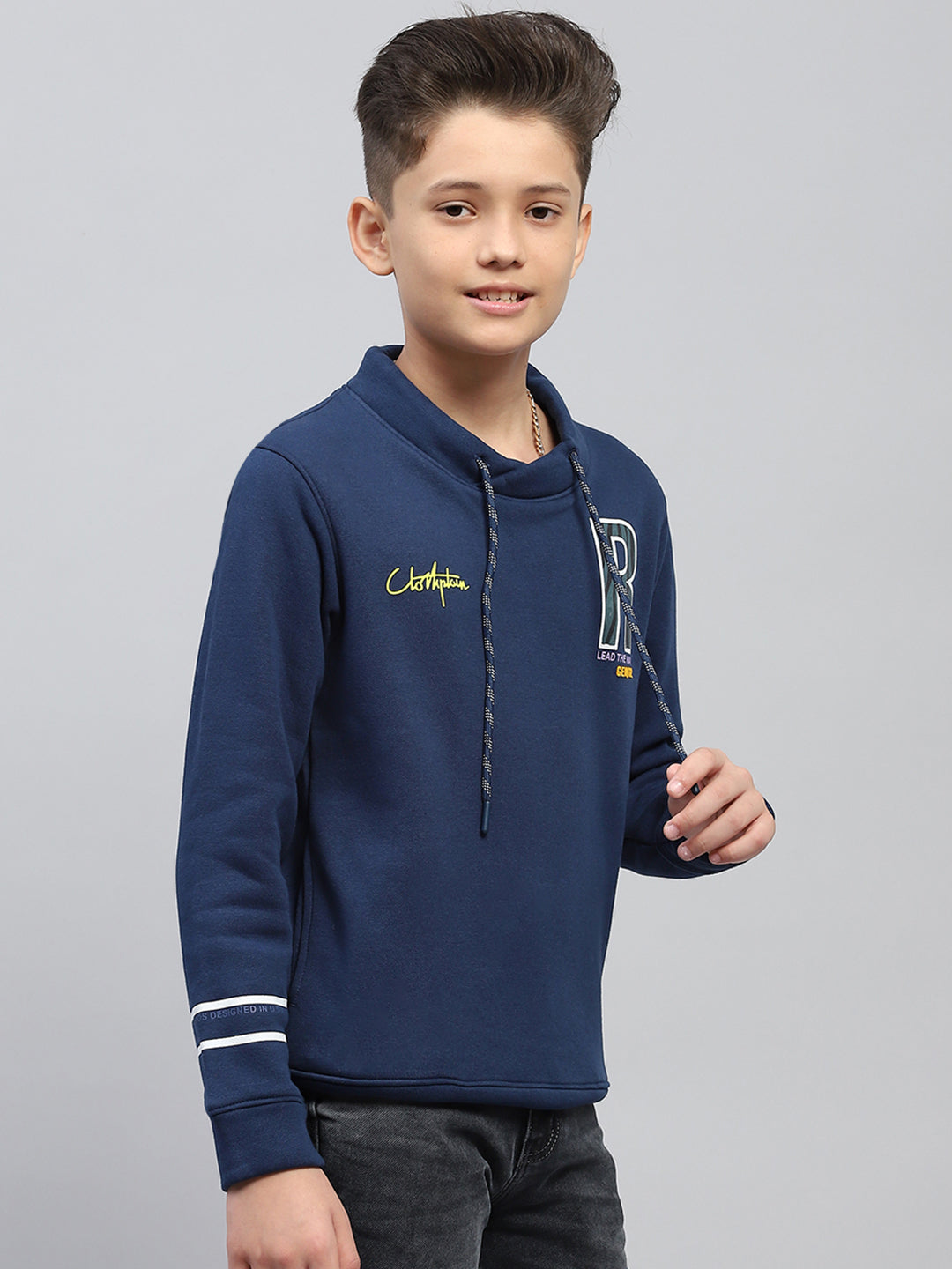 Boys Blue Printed Fashion Neck Full Sleeve Sweatshirt
