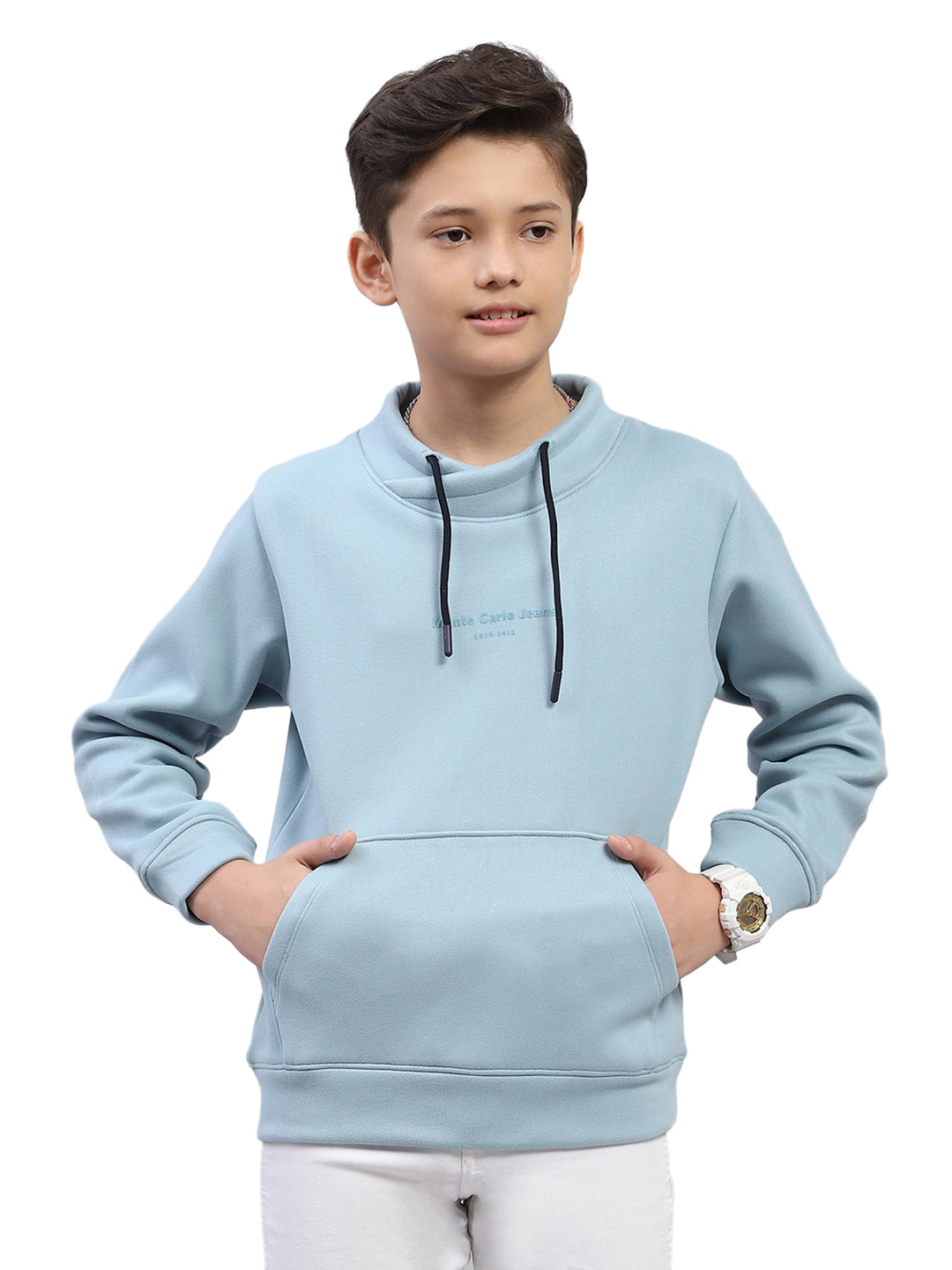 Boys Blue Printed Fashion Neck Full Sleeve Sweatshirt