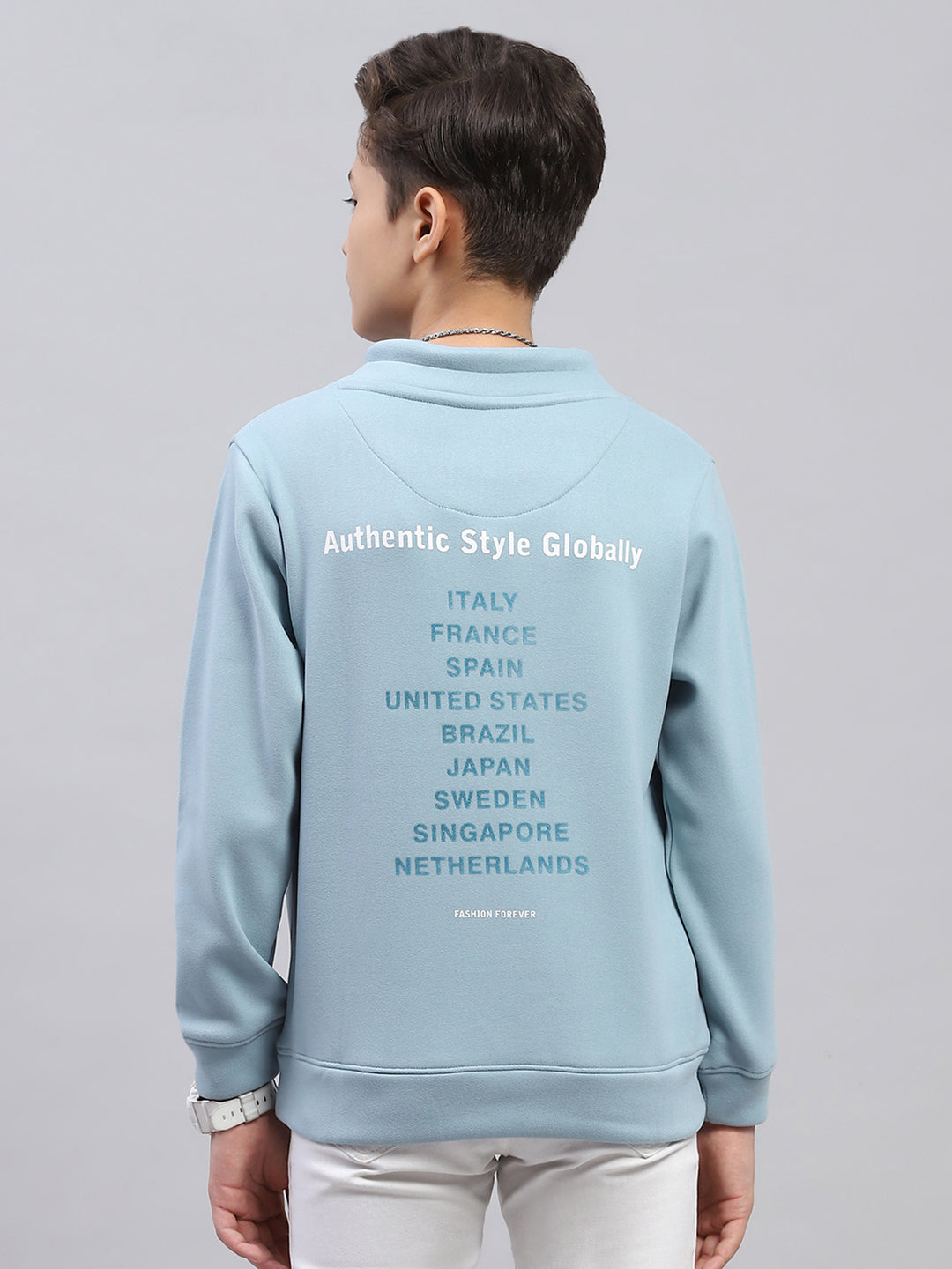Boys Blue Printed Fashion Neck Full Sleeve Sweatshirt