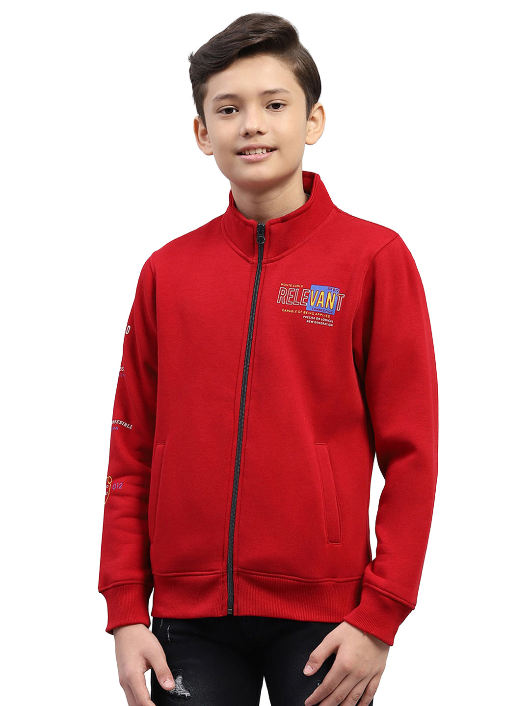 Boys Maroon Printed Turtle Neck Full Sleeve Sweatshirt