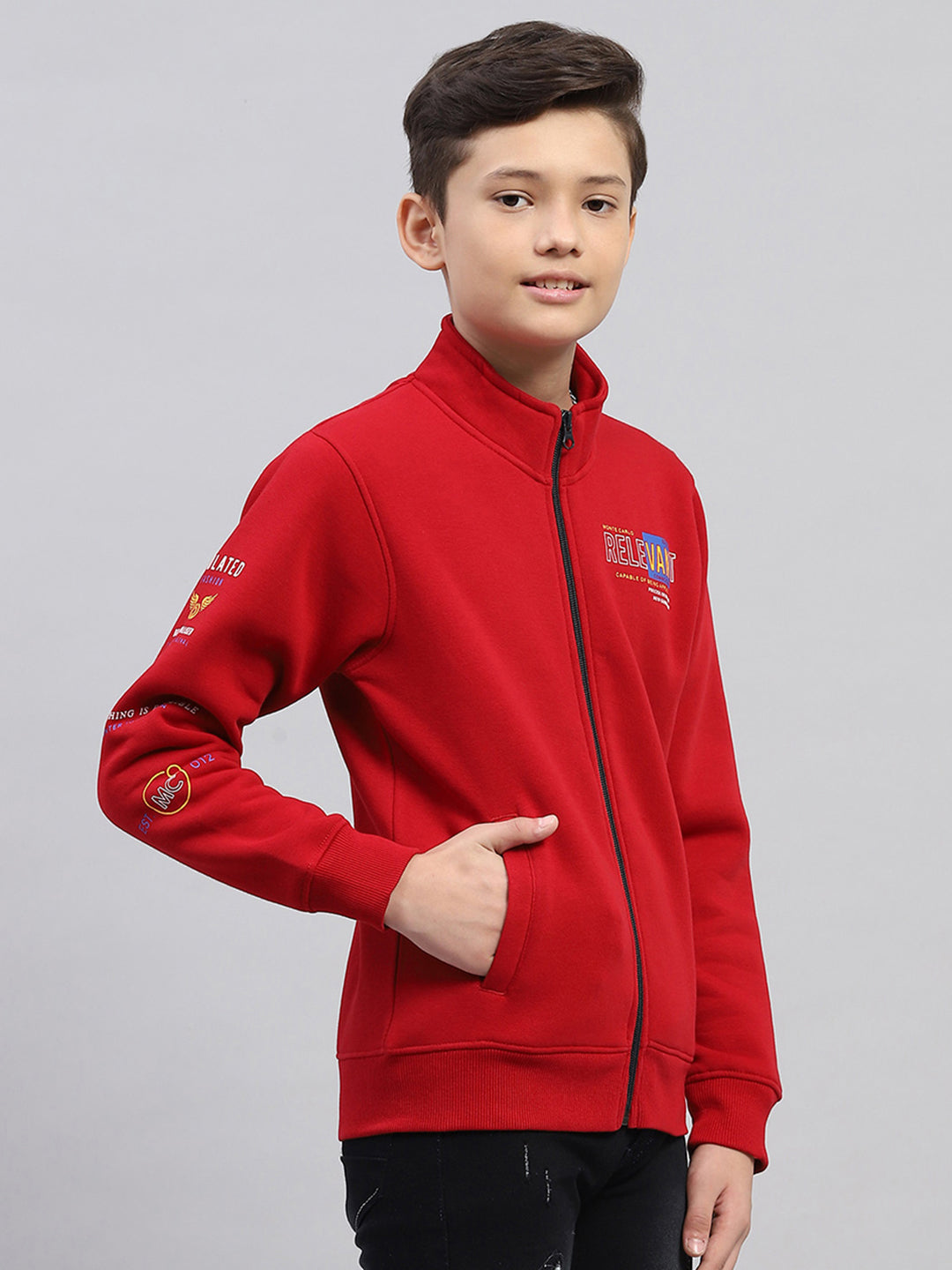 Boys Maroon Printed Turtle Neck Full Sleeve Sweatshirt