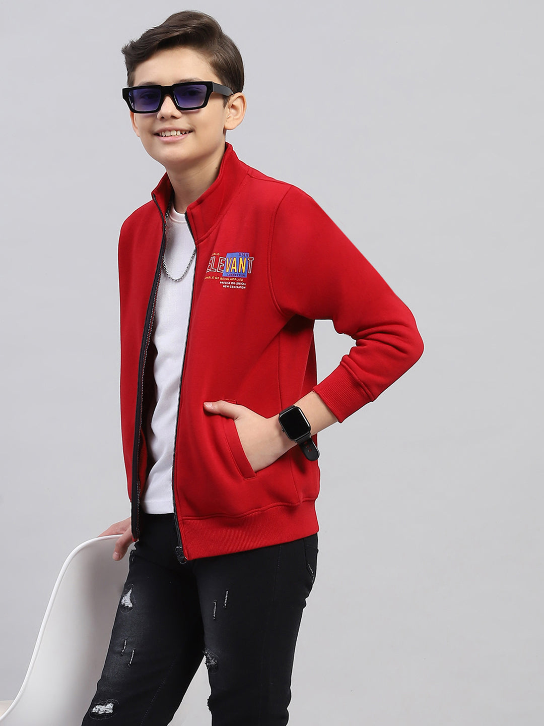 Boys Maroon Printed Turtle Neck Full Sleeve Sweatshirt