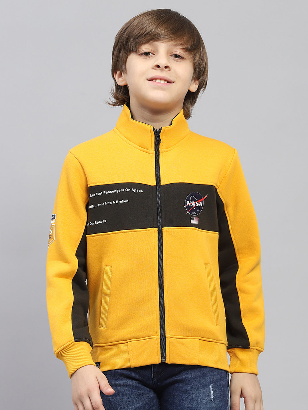 Boys Yellow Printed Mock Neck Full Sleeve Sweatshirt