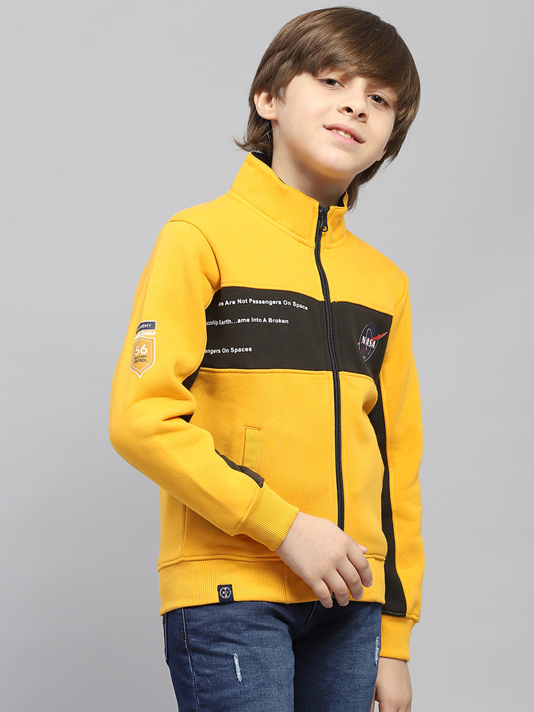 Boys Yellow Printed Mock Neck Full Sleeve Sweatshirt