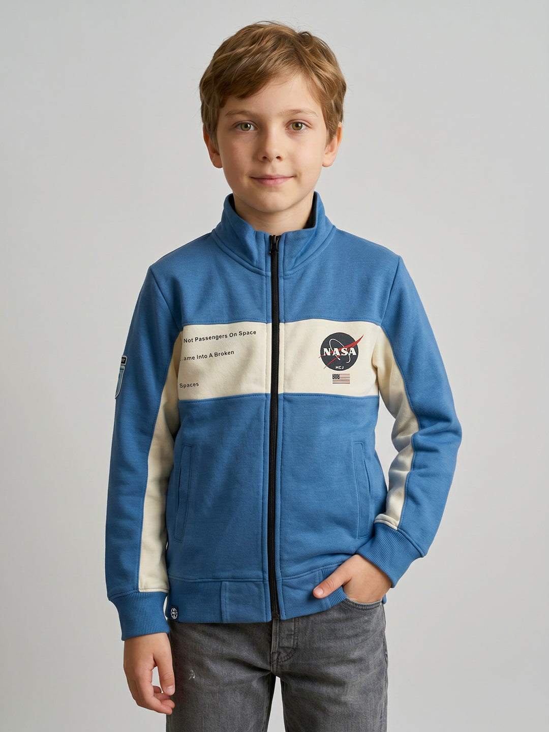 Boys Blue Typography Print Turtle Neck Full Sleeve Sweatshirt
