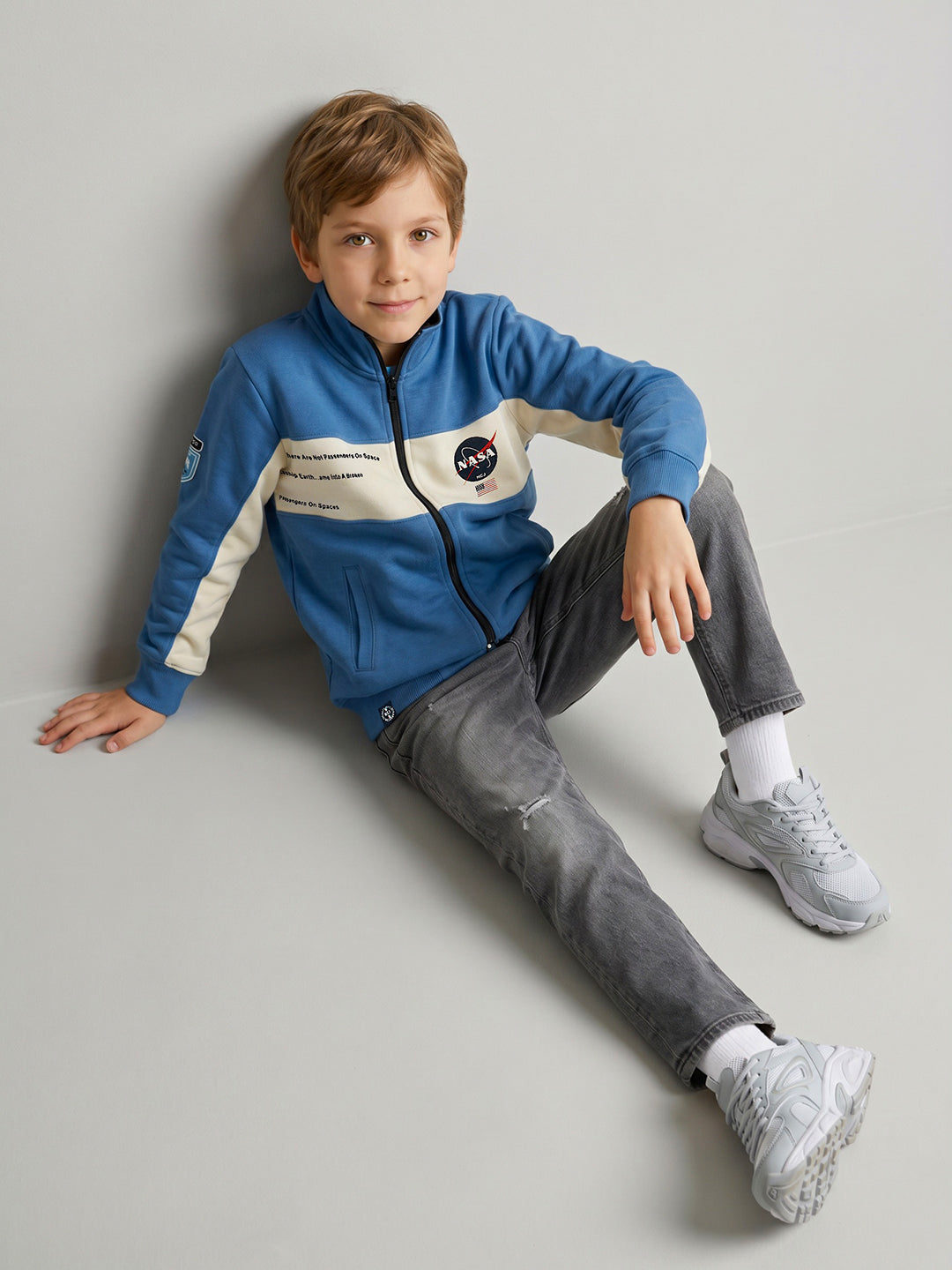 Boys Blue Typography Print Turtle Neck Full Sleeve Sweatshirt