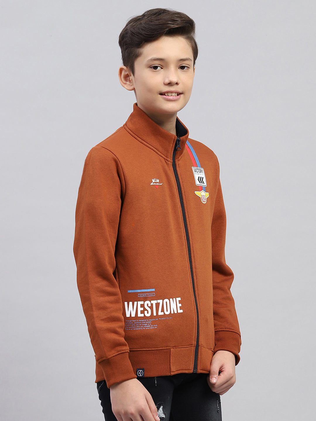 Boys Brown Printed Turtle Neck Full Sleeve Sweatshirt