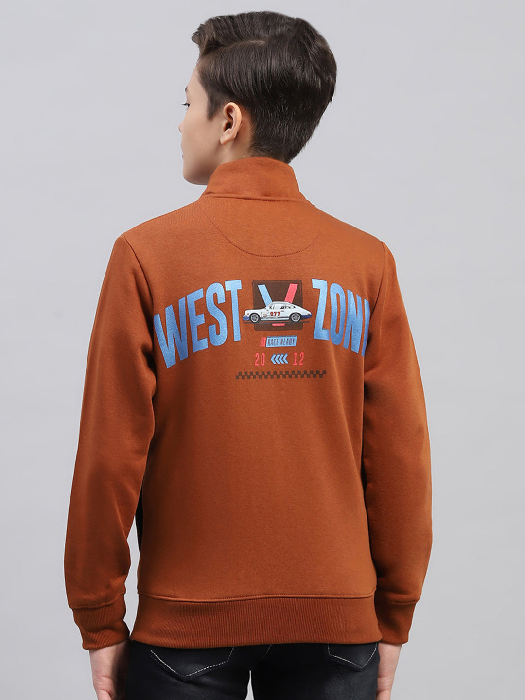 Boys Brown Printed Turtle Neck Full Sleeve Sweatshirt