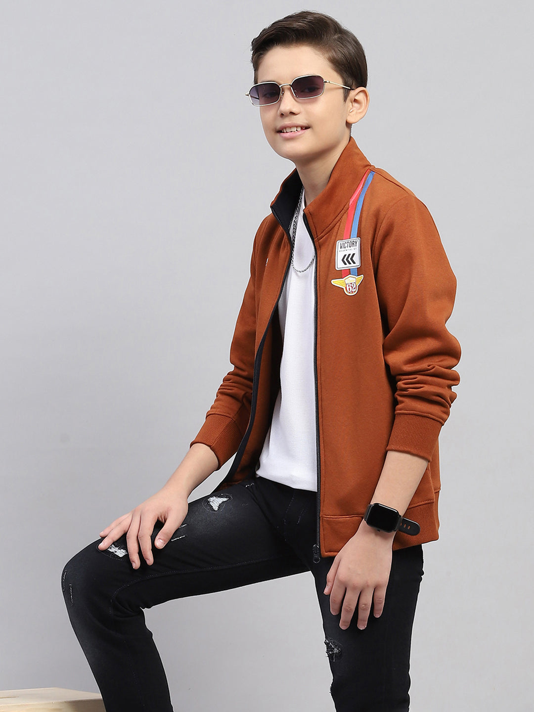 Boys Brown Printed Turtle Neck Full Sleeve Sweatshirt
