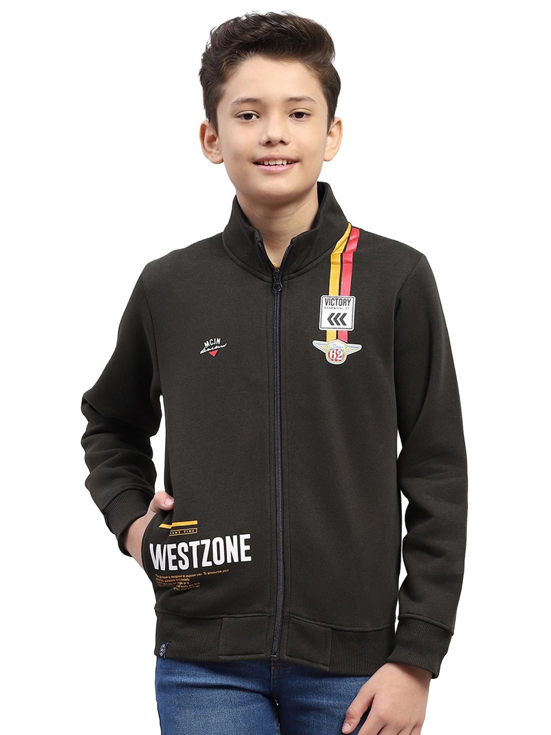 Boys Olive Printed Turtle Neck Full Sleeve Sweatshirt