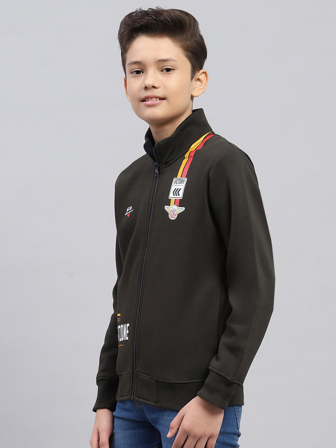 Boys Olive Printed Turtle Neck Full Sleeve Sweatshirt