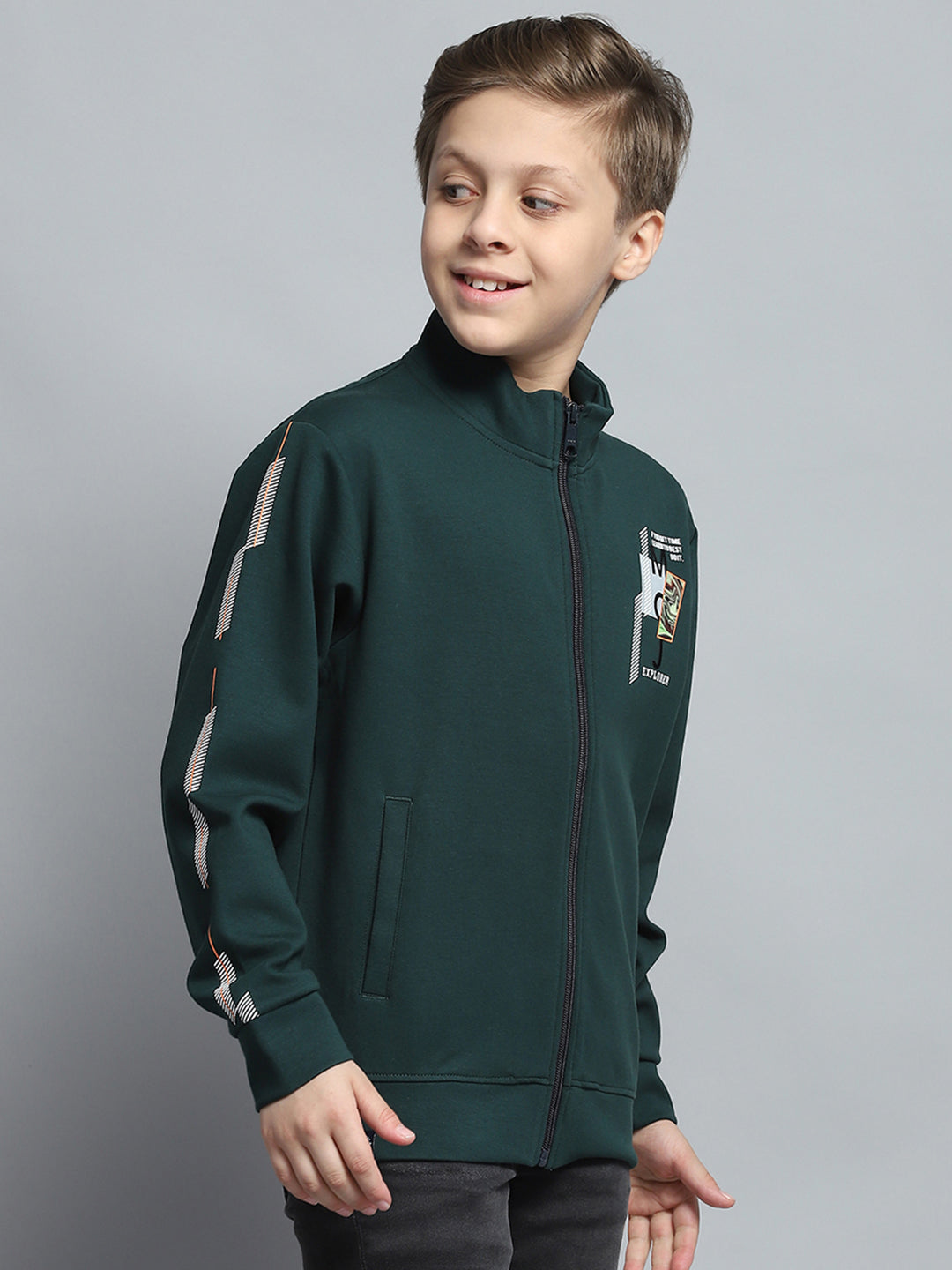 Boys Green Printed Mock Neck Full Sleeve Sweatshirt