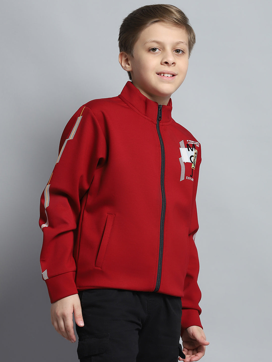 Boys Maroon Printed Mock Neck Full Sleeve Sweatshirt