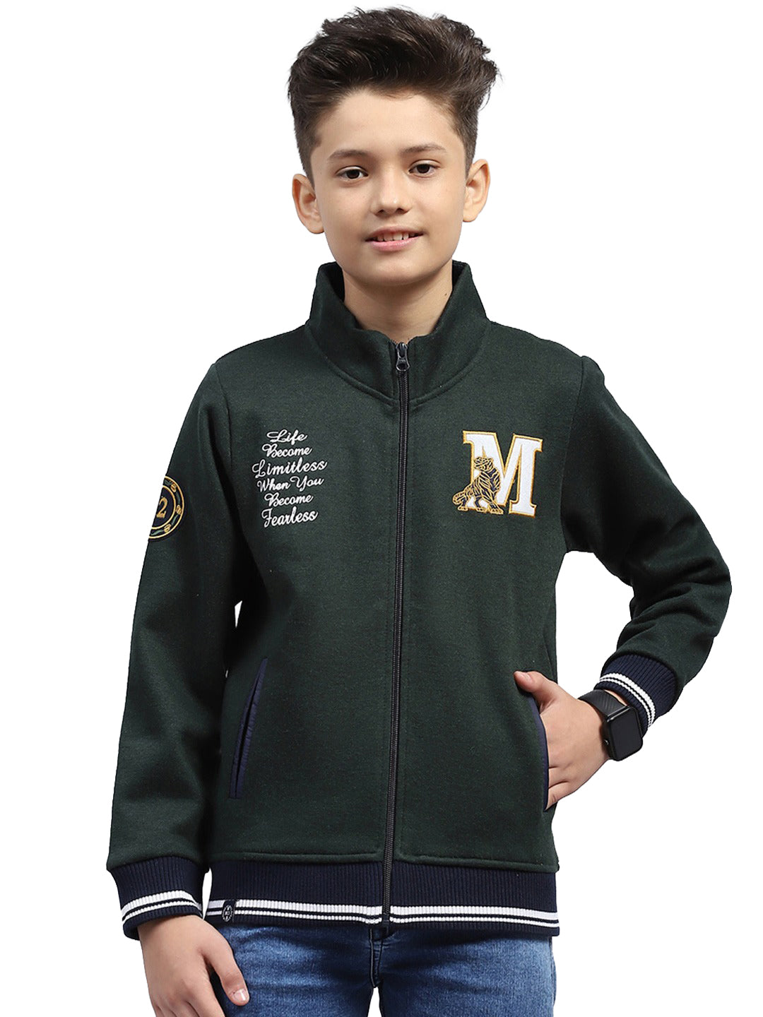 Boys Green Embroidered Turtle Neck Full Sleeve Sweatshirt