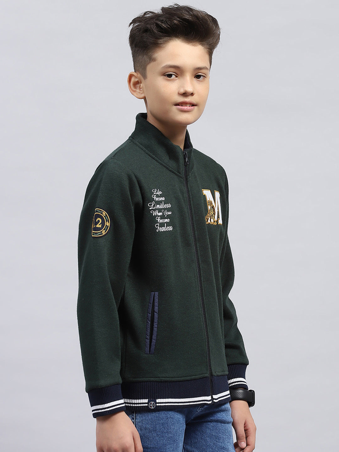 Boys Green Embroidered Turtle Neck Full Sleeve Sweatshirt