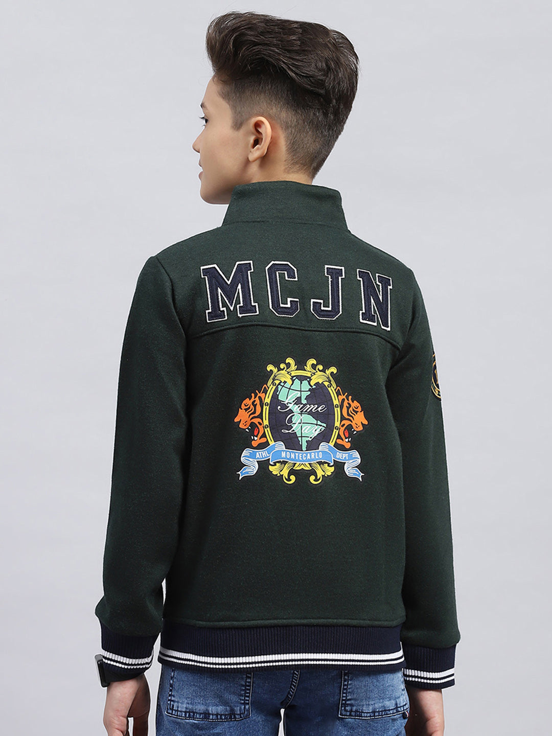 Boys Green Embroidered Turtle Neck Full Sleeve Sweatshirt