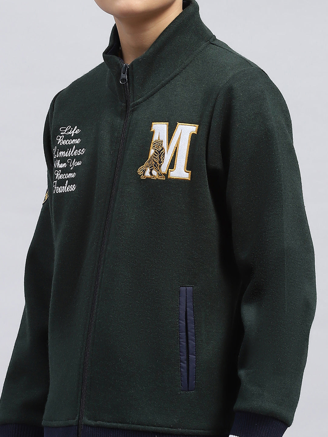 Boys Green Embroidered Turtle Neck Full Sleeve Sweatshirt