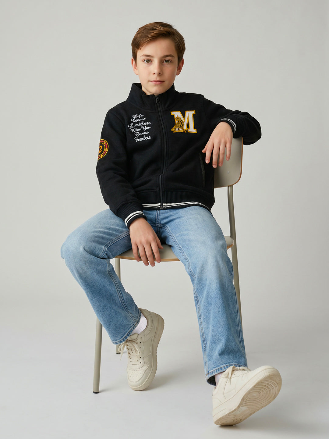 Boys Black Embroidered Turtle Neck Full Sleeve Sweatshirt