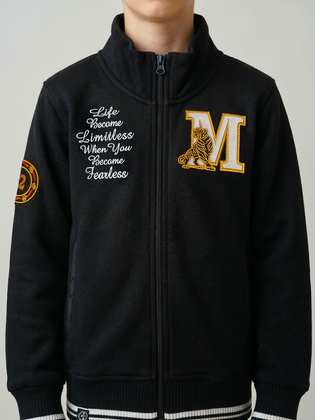 Boys Black Embroidered Turtle Neck Full Sleeve Sweatshirt