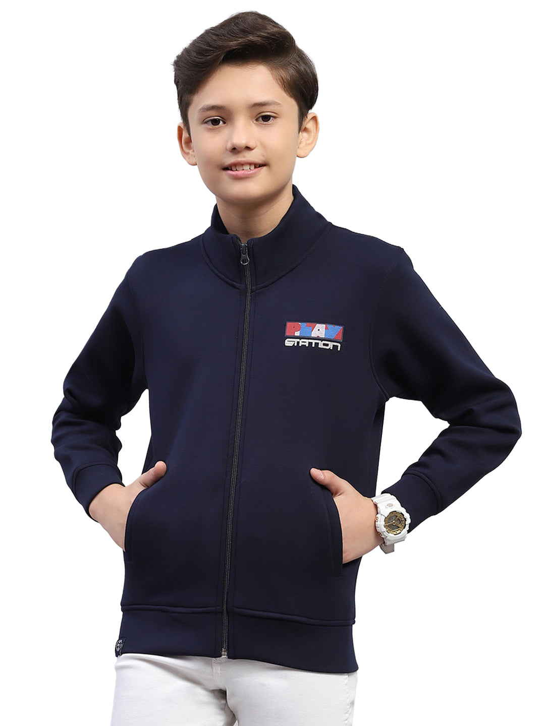 Boys Navy Blue Printed Turtle Neck Full Sleeve Sweatshirt