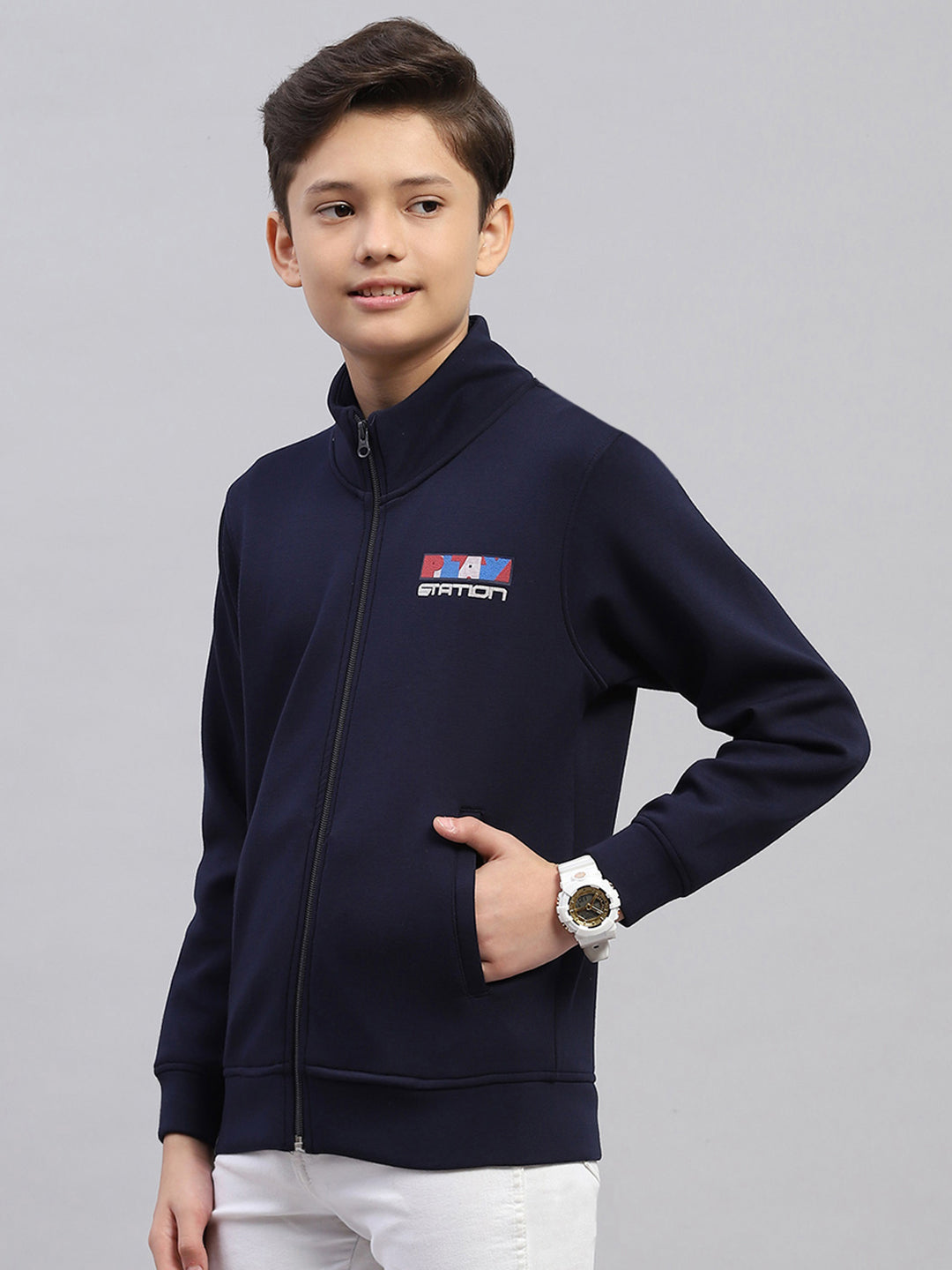 Boys Navy Blue Printed Turtle Neck Full Sleeve Sweatshirt