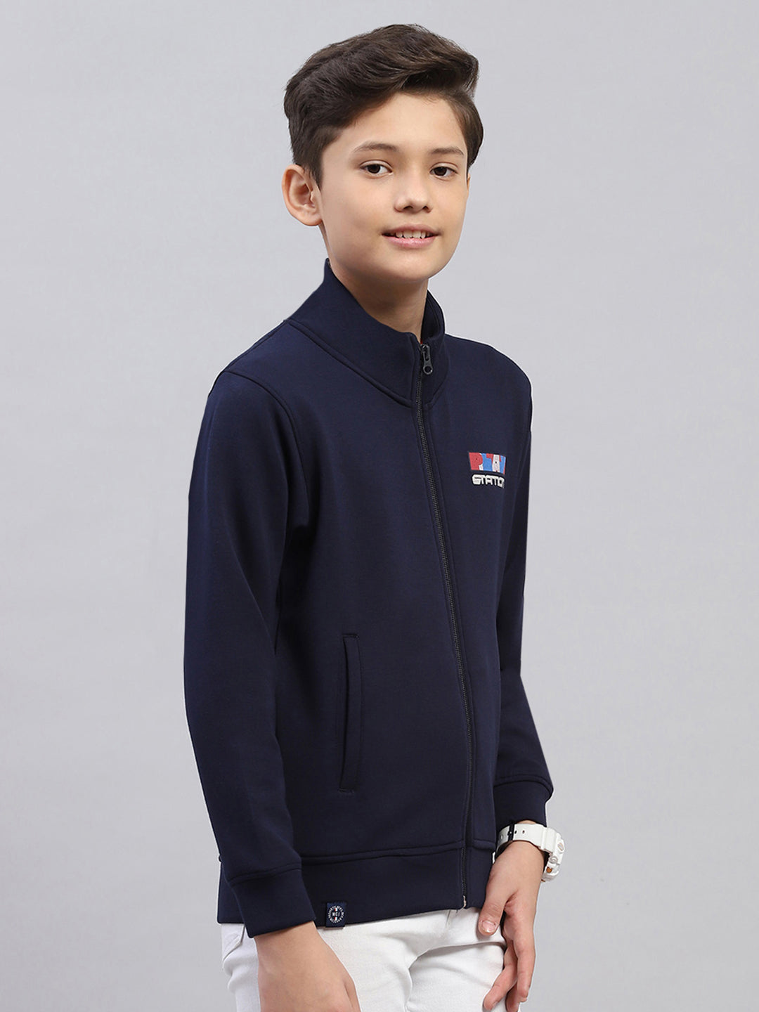 Boys Navy Blue Printed Turtle Neck Full Sleeve Sweatshirt