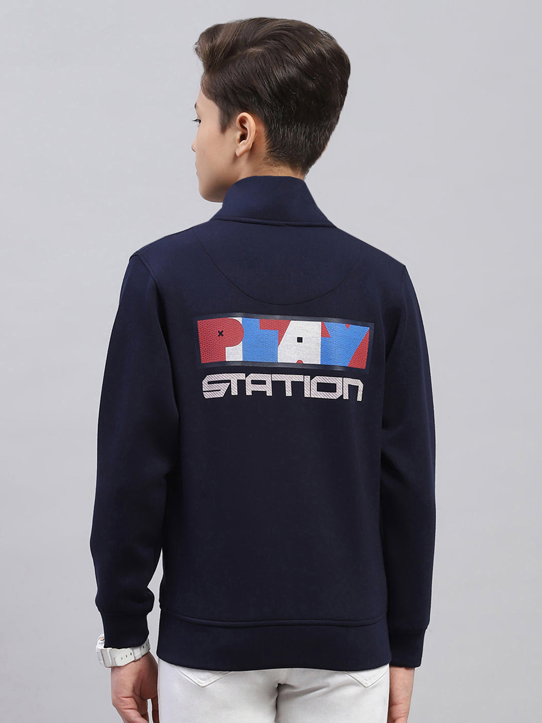 Boys Navy Blue Printed Turtle Neck Full Sleeve Sweatshirt