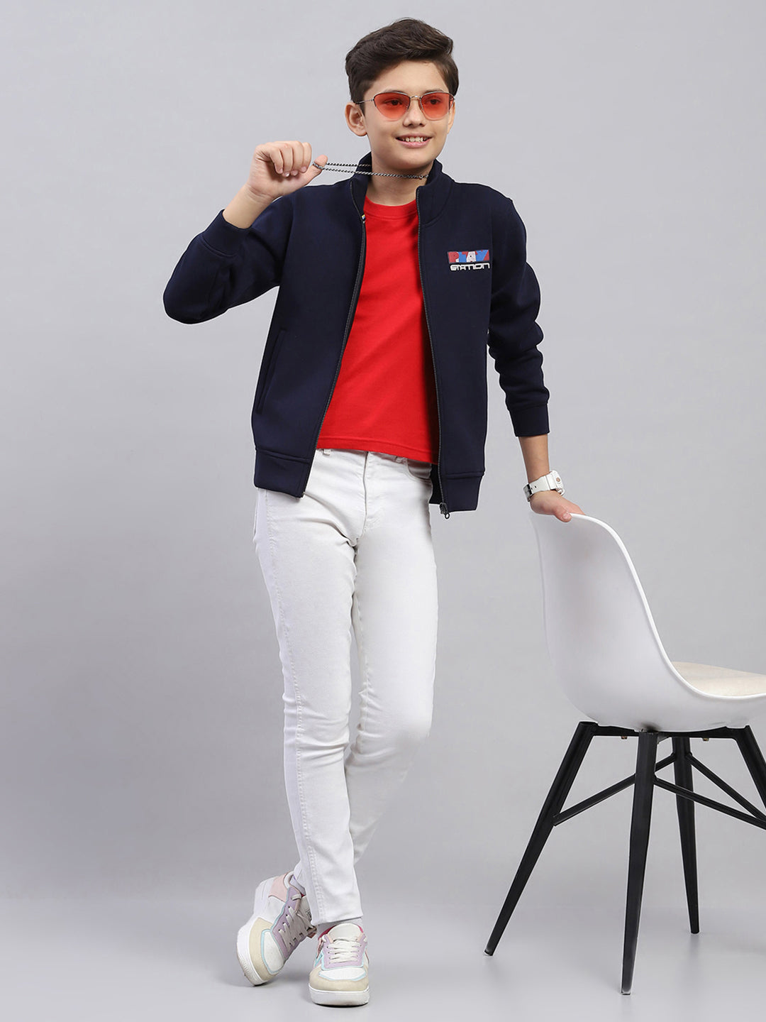 Boys Navy Blue Printed Turtle Neck Full Sleeve Sweatshirt