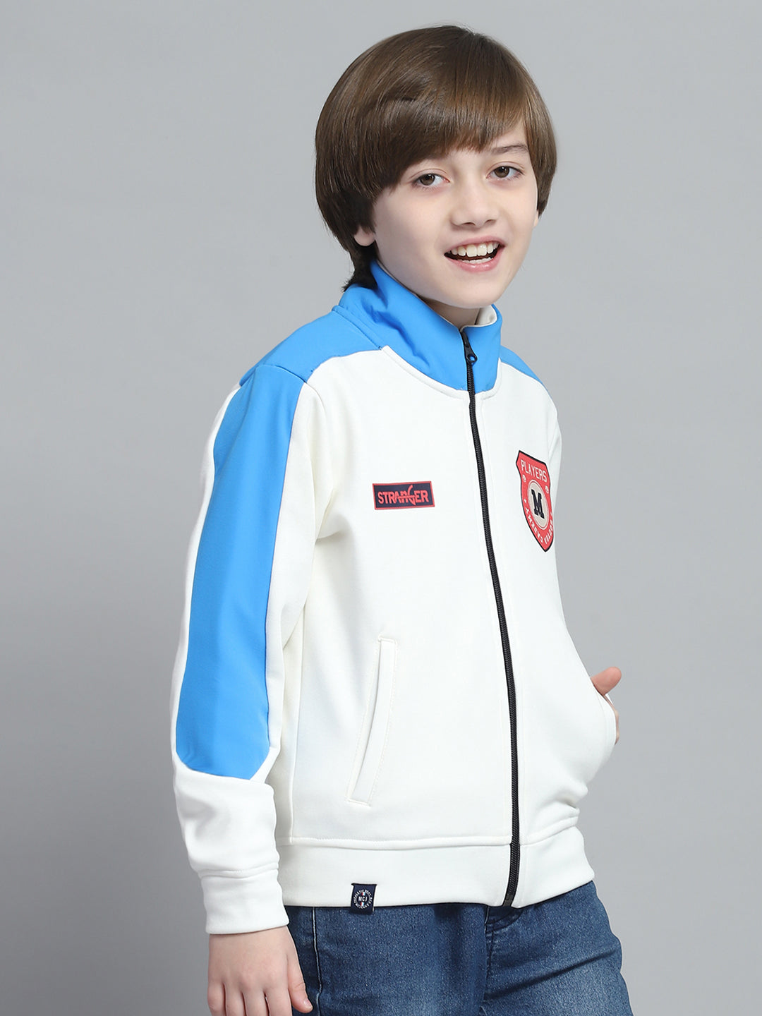 Boys White Printed Mock Neck Full Sleeve Sweatshirt