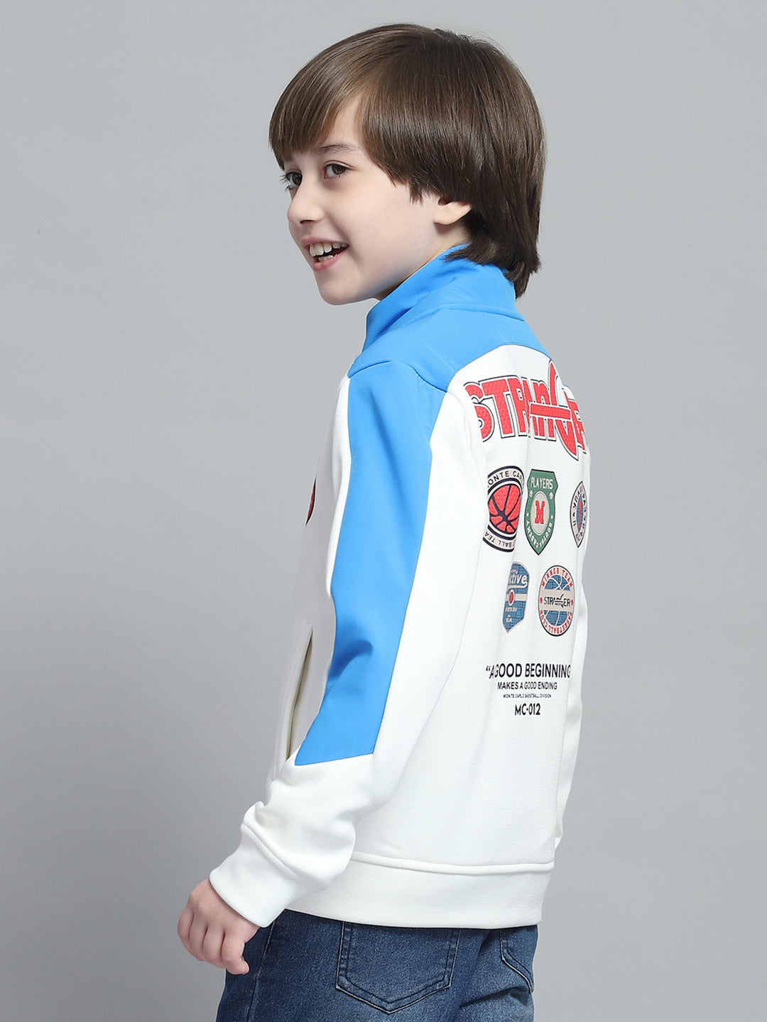 Boys White Printed Mock Neck Full Sleeve Sweatshirt