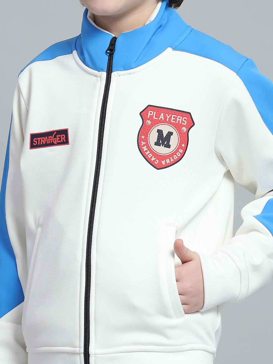 Boys White Printed Mock Neck Full Sleeve Sweatshirt