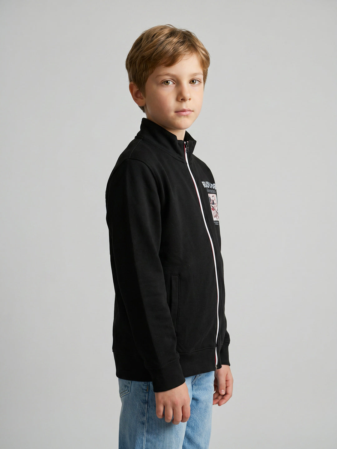 Boys Black Back Printed Turtle Neck Full Sleeve Sweatshirt