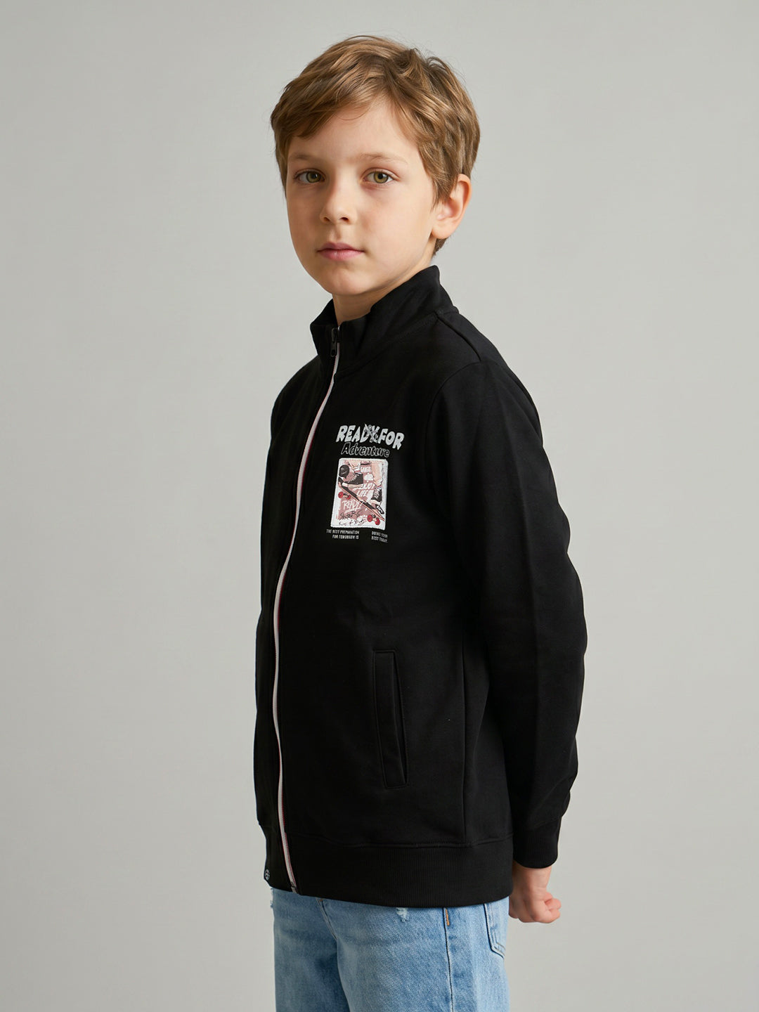 Boys Black Back Printed Turtle Neck Full Sleeve Sweatshirt