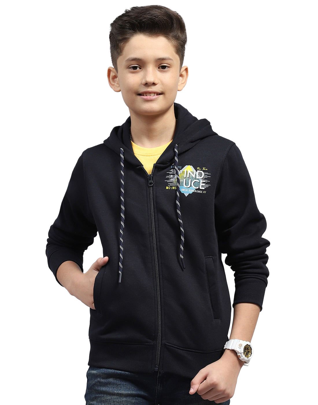 Boys Navy Blue Printed Hooded Full Sleeve Sweatshirt