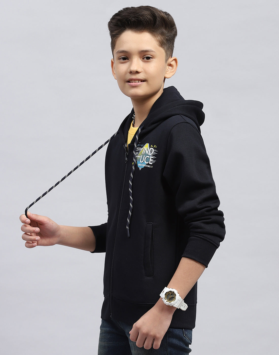 Boys Navy Blue Printed Hooded Full Sleeve Sweatshirt